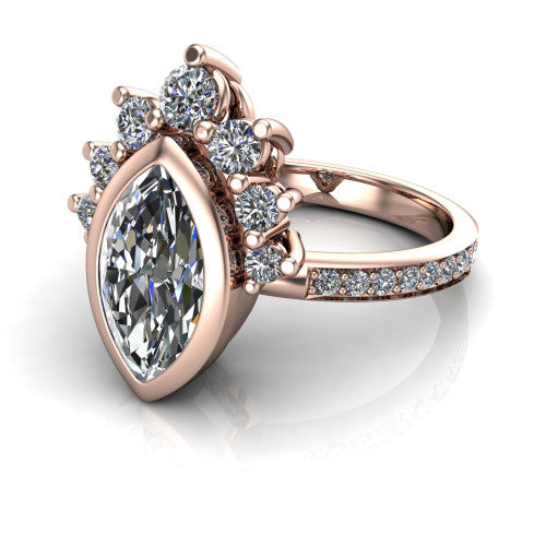 Lucille marquise-cut crown halo engagement ring in 18K Rose Gold, three-quarter perspective showing the bezel-set marquise-cut center diamond, diamond crown, and pavé band
