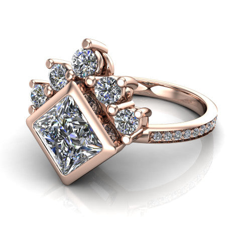Lucille princess-cut crown halo engagement ring in 18K Rose Gold, three-quarter perspective showing the bezel-set princess-cut center diamond, diamond crown, and pavé band