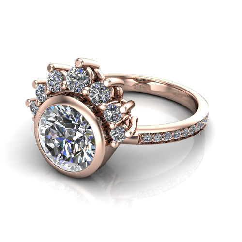 Lucille round crown halo engagement ring in 14K Rose Gold, three-quarter perspective showing the bezel-set round center diamond, diamond crown, and pavé band