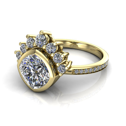 Lucille cushion-cut crown halo engagement ring in 14K Yellow Gold, three-quarter perspective showing the bezel-set cushion-cut center diamond, diamond crown, and pavé band