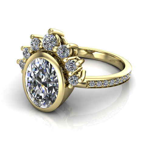 Lucille oval crown halo engagement ring in 14K Yellow Gold, three-quarter perspective showing the bezel-set oval center diamond, diamond crown, and pavé band