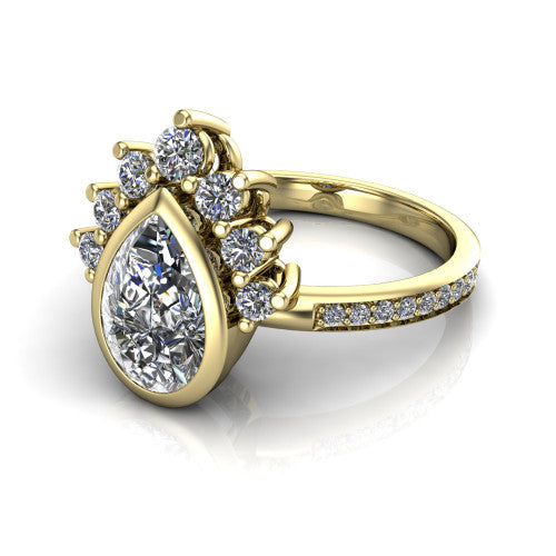 Lucille pear-shaped crown halo engagement ring in 18K Yellow Gold, three-quarter perspective showing the bezel-set pear-shaped center diamond, diamond crown, and pavé band