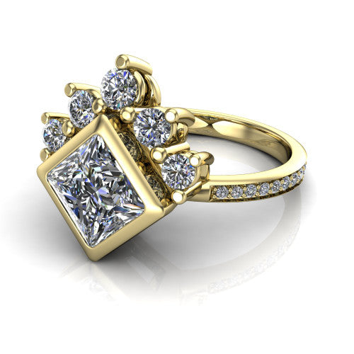 Lucille princess-cut crown halo engagement ring in 14K Yellow Gold, three-quarter perspective showing the bezel-set princess-cut center diamond, diamond crown, and pavé band