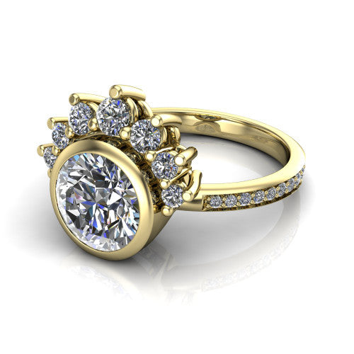 Lucille round crown halo engagement ring in 14K Yellow Gold, three-quarter perspective showing the bezel-set round center diamond, diamond crown, and pavé band