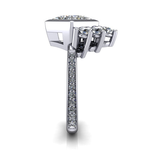 Lucille princess-cut crown halo engagement ring in Platinum, side profile showing the diamond crown and pavé band