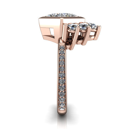 Lucille princess-cut crown halo engagement ring in 18K Rose Gold, side profile showing the diamond crown and pavé band