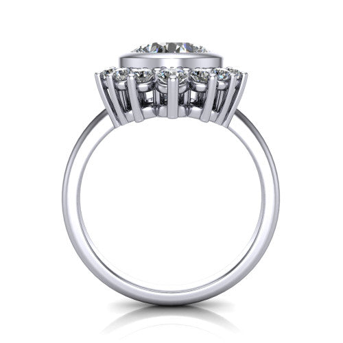 Lucille cushion-cut crown halo engagement ring in 18K White Gold, through-finger front profile showing the diamond crown and gallery
