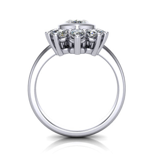 Lucille marquise-cut crown halo engagement ring in Platinum, through-finger front profile showing the diamond crown and gallery