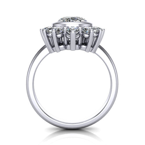 Lucille oval crown halo engagement ring in 14K White Gold, through-finger front profile showing the diamond crown and gallery