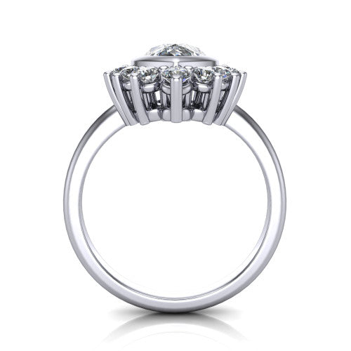 Lucille pear-shaped crown halo engagement ring in 14K White Gold, through-finger front profile showing the diamond crown and gallery