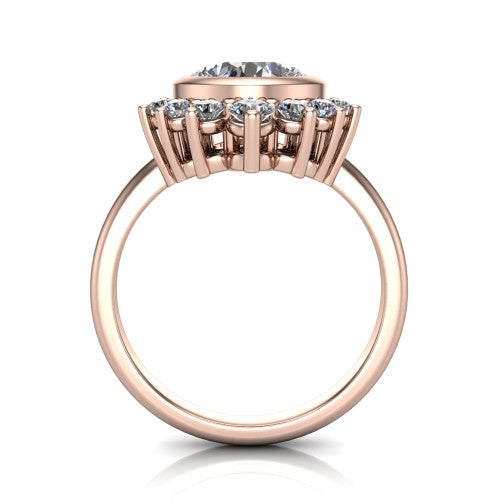 Lucille cushion-cut crown halo engagement ring in 14K Rose Gold, through-finger front profile showing the diamond crown and gallery