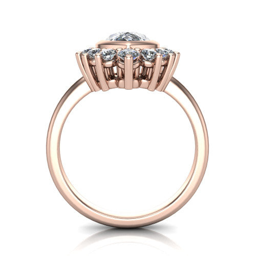 Lucille pear-shaped crown halo engagement ring in 18K Rose Gold, through-finger front profile showing the diamond crown and gallery