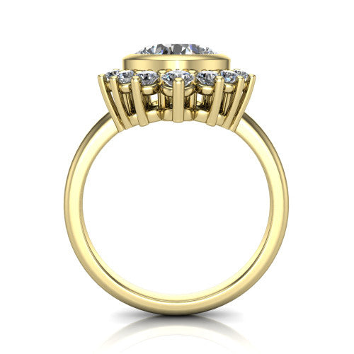 Lucille cushion-cut crown halo engagement ring in 14K Yellow Gold, through-finger front profile showing the diamond crown and gallery