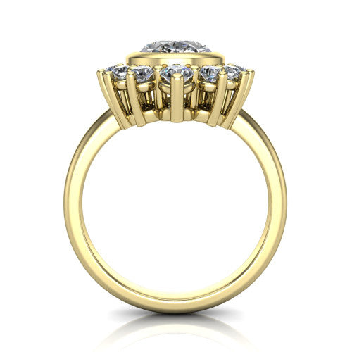 Lucille oval crown halo engagement ring in 18K Yellow Gold, through-finger front profile showing the diamond crown and gallery