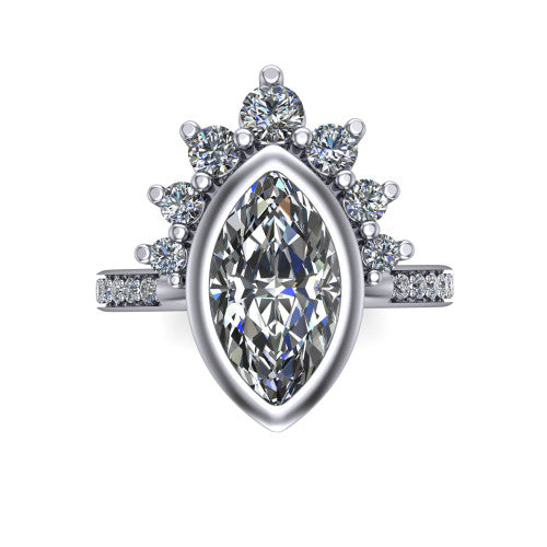 Lucille marquise-cut crown halo engagement ring in 18K White Gold, top-down view showing the marquise-cut center diamond on the diagonal beneath the graduated diamond crown
