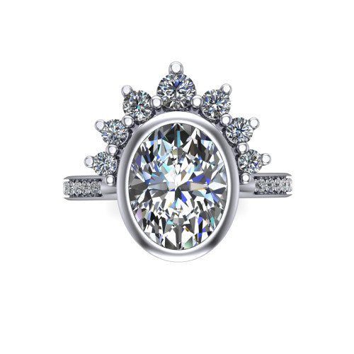 Lucille oval crown halo engagement ring in 14K White Gold, top-down view showing the oval center diamond on the diagonal beneath the graduated diamond crown