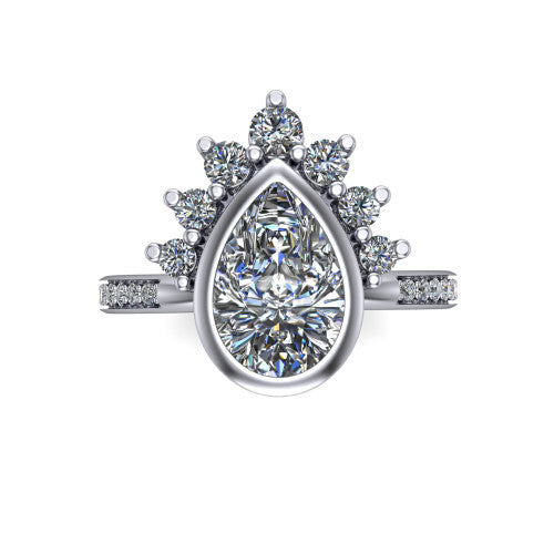 Lucille pear-shaped crown halo engagement ring in 14K White Gold, top-down view showing the pear-shaped center diamond on the diagonal beneath the graduated diamond crown