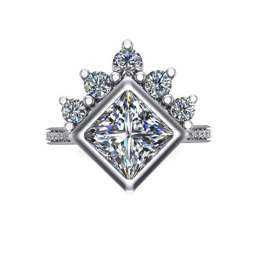Lucille princess-cut crown halo engagement ring in Platinum, top-down view showing the princess-cut center diamond on the diagonal beneath the graduated diamond crown