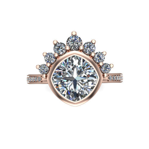 Lucille cushion-cut crown halo engagement ring in 18K Rose Gold, top-down view showing the cushion-cut center diamond on the diagonal beneath the graduated diamond crown