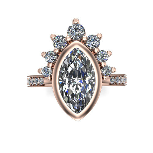 Lucille marquise-cut crown halo engagement ring in 18K Rose Gold, top-down view showing the marquise-cut center diamond on the diagonal beneath the graduated diamond crown