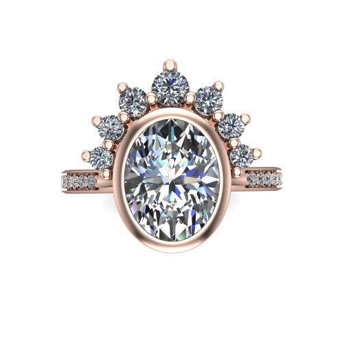 Lucille oval crown halo engagement ring in 14K Rose Gold, top-down view showing the oval center diamond on the diagonal beneath the graduated diamond crown