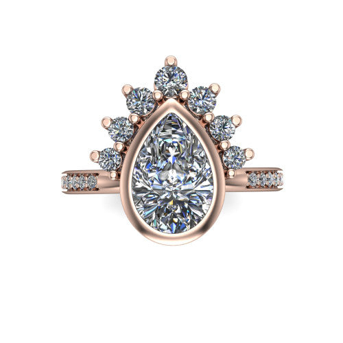 Lucille pear-shaped crown halo engagement ring in 18K Rose Gold, top-down view showing the pear-shaped center diamond on the diagonal beneath the graduated diamond crown