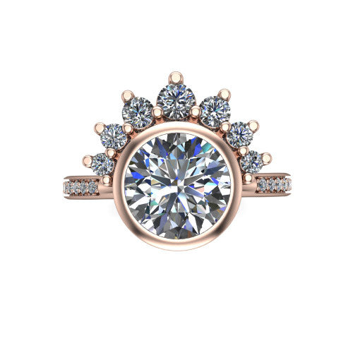 Lucille round crown halo engagement ring in 14K Rose Gold, top-down view showing the round center diamond on the diagonal beneath the graduated diamond crown