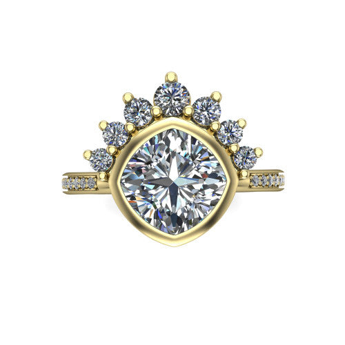Lucille cushion-cut crown halo engagement ring in 18K Yellow Gold, top-down view showing the cushion-cut center diamond on the diagonal beneath the graduated diamond crown