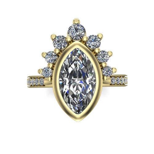 Lucille marquise-cut crown halo engagement ring in 14K Yellow Gold, top-down view showing the marquise-cut center diamond on the diagonal beneath the graduated diamond crown