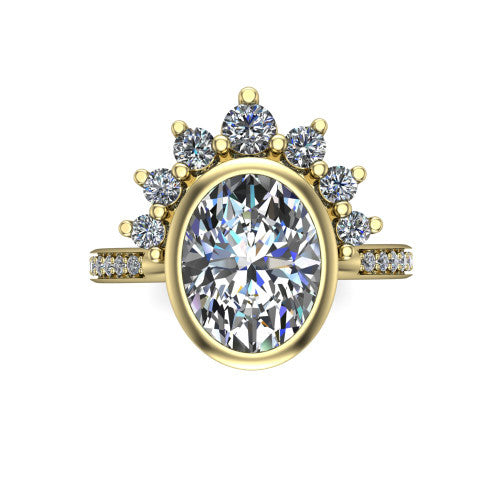 Lucille oval crown halo engagement ring in 14K Yellow Gold, top-down view showing the oval center diamond on the diagonal beneath the graduated diamond crown