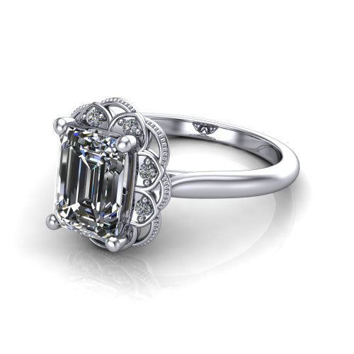 Aliyah Emerald Shape Halo Engagement Ring in 14K White Gold