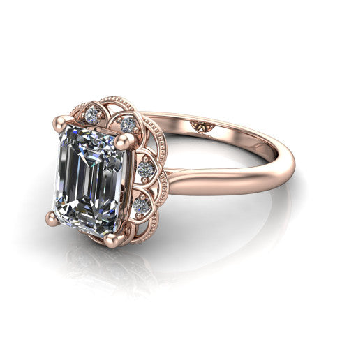 Aliyah Emerald Shape Halo Engagement Ring in 14K Rose Gold