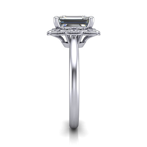 Aliyah Emerald Shape Halo Engagement Ring in 18K White Gold