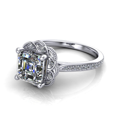 Mariana square emerald-cut vintage halo engagement ring in 14K White Gold, three-quarter perspective showing the square emerald-cut center diamond, ornate floral halo, and pavé band