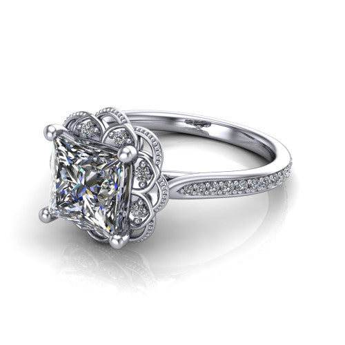 Mariana princess-cut vintage halo engagement ring in 14K White Gold, three-quarter perspective showing the princess-cut center diamond, ornate floral halo, and pavé band