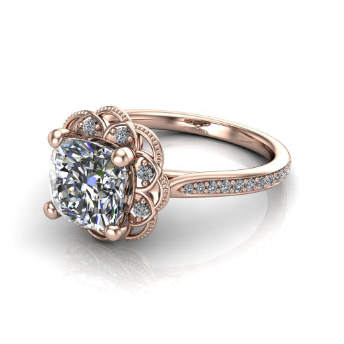 Mariana cushion-cut vintage halo engagement ring in 18K Rose Gold, three-quarter perspective showing the cushion-cut center diamond, ornate floral halo, and pavé band