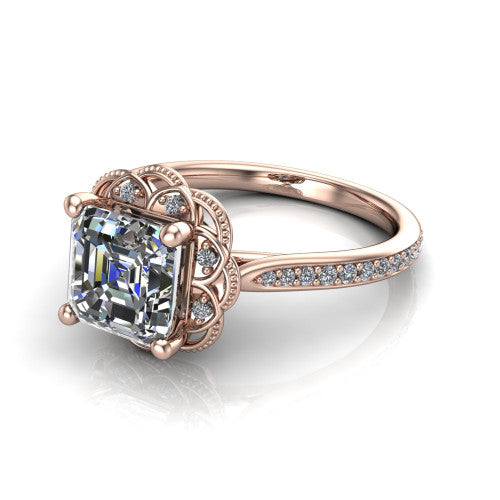 Mariana square emerald-cut vintage halo engagement ring in 14K Rose Gold, three-quarter perspective showing the square emerald-cut center diamond, ornate floral halo, and pavé band