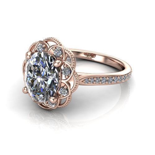 Mariana oval vintage halo engagement ring in 18K Rose Gold, three-quarter perspective showing the oval center diamond, ornate floral halo, and pavé band