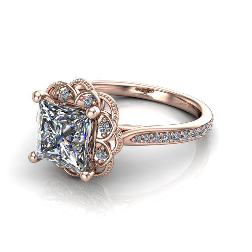 Mariana princess-cut vintage halo engagement ring in 14K Rose Gold, three-quarter perspective showing the princess-cut center diamond, ornate floral halo, and pavé band