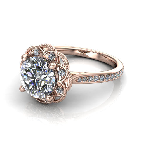 Mariana round vintage halo engagement ring in 18K Rose Gold, three-quarter perspective showing the round center diamond, ornate floral halo, and pavé band