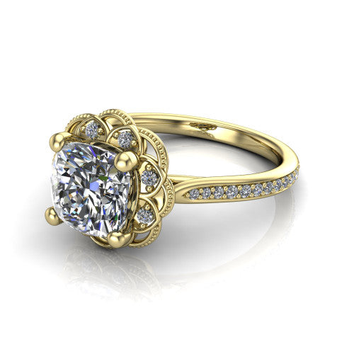 Mariana cushion-cut vintage halo engagement ring in 14K Yellow Gold, three-quarter perspective showing the cushion-cut center diamond, ornate floral halo, and pavé band
