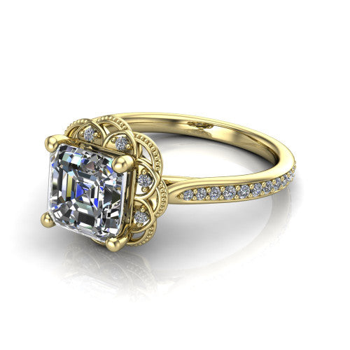 Mariana square emerald-cut vintage halo engagement ring in 14K Yellow Gold, three-quarter perspective showing the square emerald-cut center diamond, ornate floral halo, and pavé band