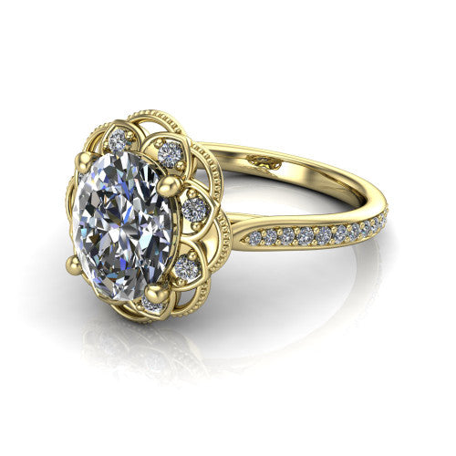 Mariana oval vintage halo engagement ring in 18K Yellow Gold, three-quarter perspective showing the oval center diamond, ornate floral halo, and pavé band