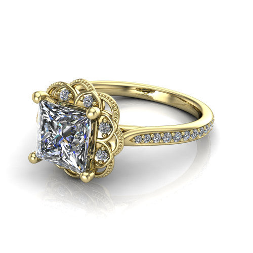 Mariana princess-cut vintage halo engagement ring in 14K Yellow Gold, three-quarter perspective showing the princess-cut center diamond, ornate floral halo, and pavé band