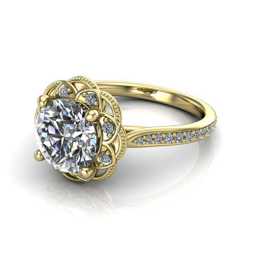 Mariana round vintage halo engagement ring in 14K Yellow Gold, three-quarter perspective showing the round center diamond, ornate floral halo, and pavé band