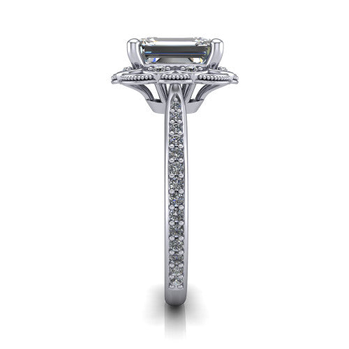 Mariana emerald-cut vintage halo engagement ring in 14K White Gold, side profile showing the floral halo and pavé band