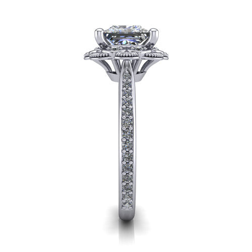 Mariana princess-cut vintage halo engagement ring in 18K White Gold, side profile showing the floral halo and pavé band