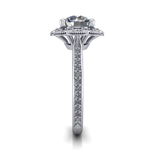 Mariana round vintage halo engagement ring in 14K White Gold, side profile showing the floral halo and pavé band