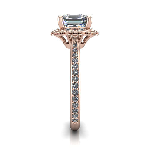 Mariana square emerald-cut vintage halo engagement ring in 18K Rose Gold, side profile showing the floral halo and pavé band