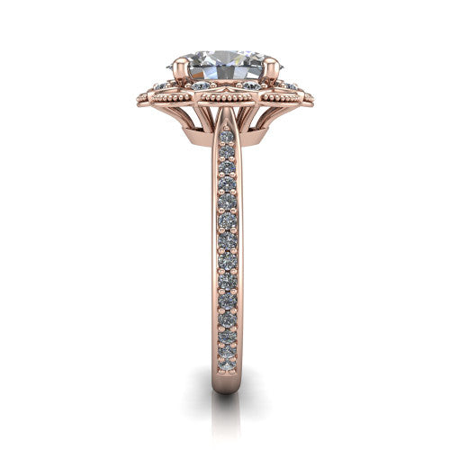 Mariana oval vintage halo engagement ring in 14K Rose Gold, side profile showing the floral halo and pavé band